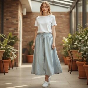Lauren Ralph Lauren VTGE Maxi Skirt SZ 4P Button Front Chambray Ruffle cotton